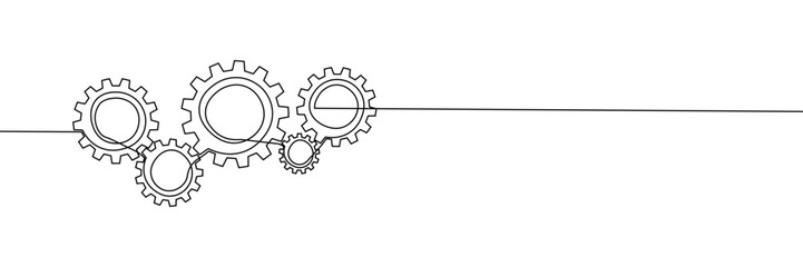 Gear continuous one line art icon cog work business factory. Continuous one line gear wheel team setting vector outline computer cogwheel technology sketch drawing science stroke machine brain idea.