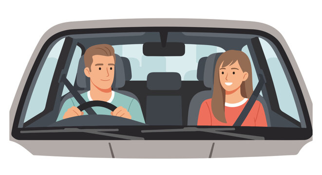 Family trip illustration depicting man driving with woman in car, enjoying road trip. Family trip includes driver with safety belt and smiling passenger on road.