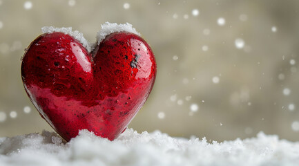 Fototapeta premium A red heart shaped object lies in the snow, providing a pop of color against the winter backdrop 