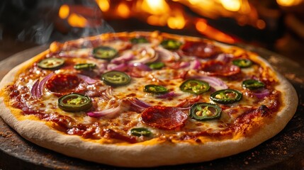 Freshly baked pepperoni pizza topped with jalapenos and onions at a wood-fired oven
