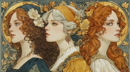 Three women with flowers art nouveau style portraits looking to the right
