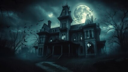 Spooky mansion under a full moon