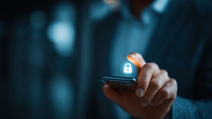 Businessman is using a mobile device with a glowing padlock symbol for security measures