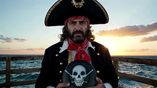 Close-up of a man at the beach who looks like a pirate, The pirate captain and the skull