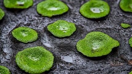 Vibrant green circular moss patches on dark stones in a wet environment, showcasing nature's intricate beauty and texture.