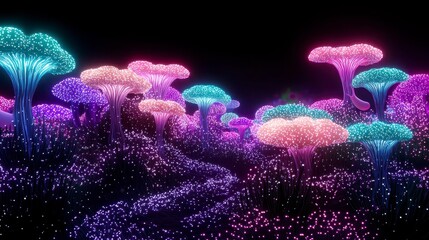 A mesmerizing scene of glowing, colorful fungi in a surreal, bioluminescent forest setting at night
