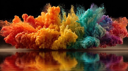 Colorful liquid droplets exploding, making splashes in a crown shape and reflecting on a wet surface