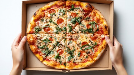 Delicious pizza with pepperoni and spinach served in a classic box for takeout enjoyment
