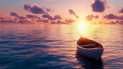 Serene sunset over calm waters with a solitary boat positioned gracefully on the horizon, creating a peaceful and tranquil scene