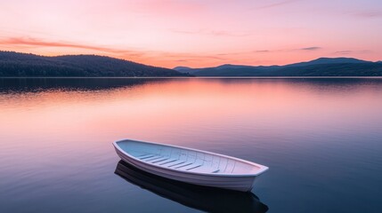 A tranquil scene of a white boat floating on calm water during sunset, surrounded by picturesque mountains and a colorful sky.