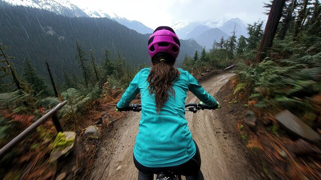 Mountain biking through a rain-soaked forest trail with a view of majestic mountain ranges in the background