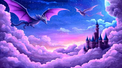 A mesmerizing sunset over a magical kingdom with soaring dragons amidst fluffy clouds and a dreamy castle