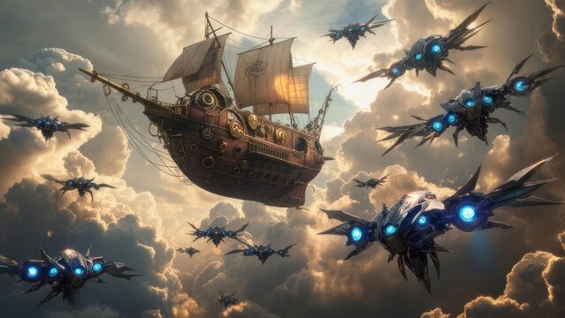 Steampunk ship amidst futuristic aircraft - Powered by Adobe