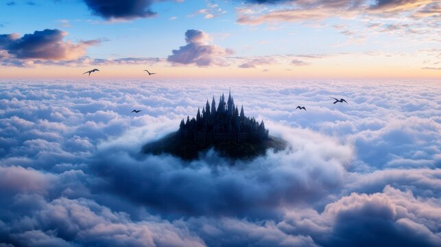 A mystical castle among golden clouds at sunrise, featuring soaring birds and dreamy atmospheric scenery - Powered by Adobe