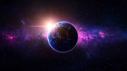 Fototapeta premium A breathtaking view of Earth from space with radiant sunlight illuminating its surface against a backdrop of colorful galaxies