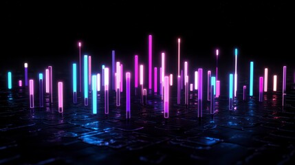 Stunning visual representation of sound waveforms with vibrant neon colors and a reflective black surface setting