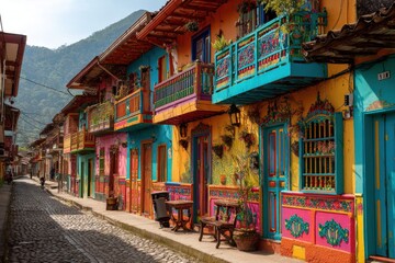 Obraz premium Vibrant rainbow-hued houses with ornate balconies and terracotta rooftops line the cobblestone streets of Salento, Quindio, Colombia, showcasing the town's rich cultural heritage.