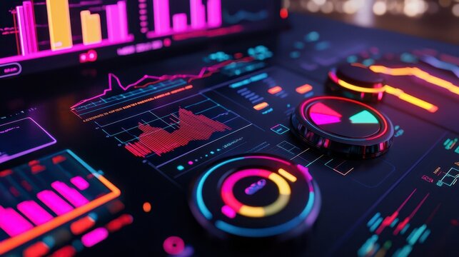 Futuristic dashboard displaying vibrant data visualizations and analytics, featuring neon colors and interactive elements
