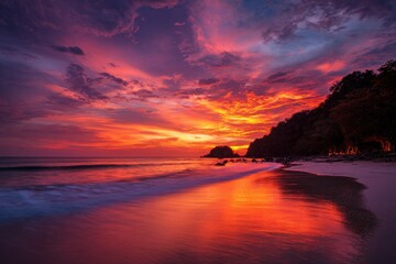 Vibrant Red Southeast Asian Sunset - Long Exposure Beach Scene.