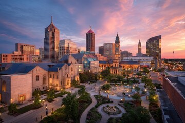 Vibrant sunset casts a warm glow on the eclectic mix of ancient and modern buildings that shape the iconic Indianapolis cityscape skyline.