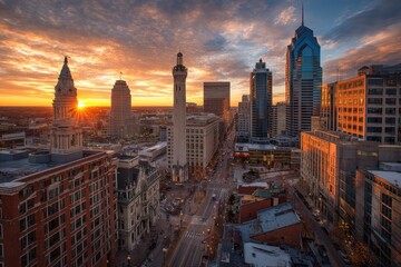 Vibrant sunset casts a warm glow on the eclectic mix of ancient and modern buildings that shape the iconic Indianapolis cityscape skyline.