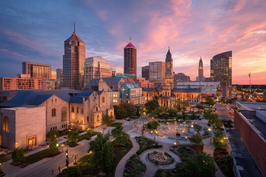 Fototapeta Vibrant sunset casts a warm glow on the eclectic mix of ancient and modern buildings that shape the iconic Indianapolis cityscape skyline.
