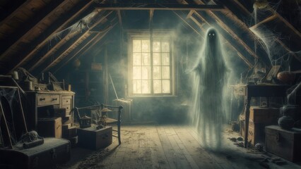 Spooky attic with ghost
