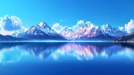 Idyllic landscape of snow-capped mountains reflecting in a tranquil lake under a clear blue sky with soft clouds