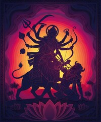 The epic mythological battle of good versus evil: the goddess Durga slaying the buffalo demon Mahishasur, a scene from Durga Puja
