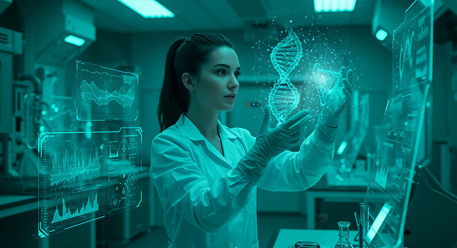 A female scientist in a laboratory is analyzing a dna hologram on a digital screen, showcasing the future of medicine, biotechnology, and genetic research