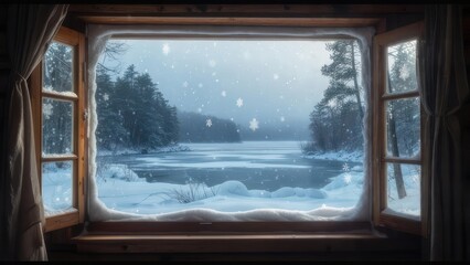Fototapeta premium Snowy winter scene through a window