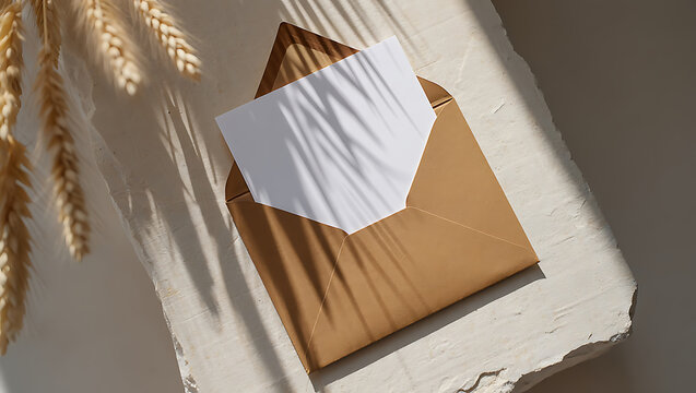 Minimalist Invitation Mockup with Wheatgrass and Shadow Play A Blank Canvas for Creative Greetings and Personal Messages