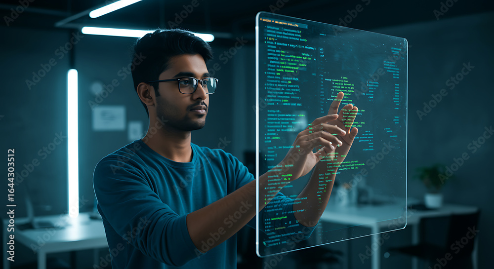 Wall mural a programmer interacting with a virtual screen displaying code, representing software development, t