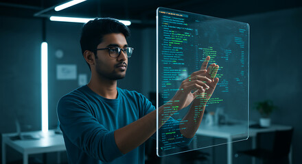 A programmer interacting with a virtual screen displaying code, representing software development, technology innovation, and the future of digital engineering in a modern office