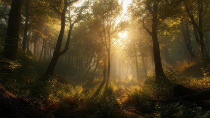 Fototapeta premium Sunlit misty forest
