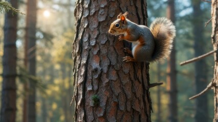 Fototapeta premium Squirrel on a pine tree in a forest