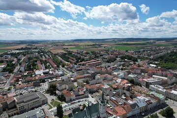 Prostejov old town historical city center in aerial panoramic view Moravia Czech republic