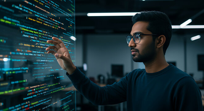 A focused indian software developer in glasses interacts with a futuristic transparent display showing complex code, immersed in the world of technology and innovation