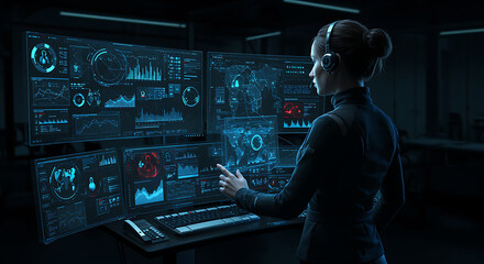 A woman interacts with a complex futuristic interface, visualizing data and controlling systems in a cyber environment, representing technological advancement