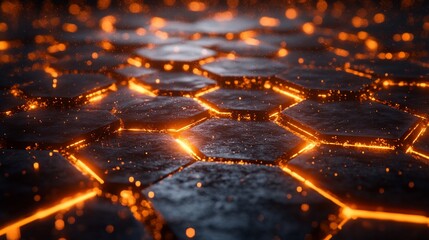 Hexagonal grid, glowing orange, dark background
