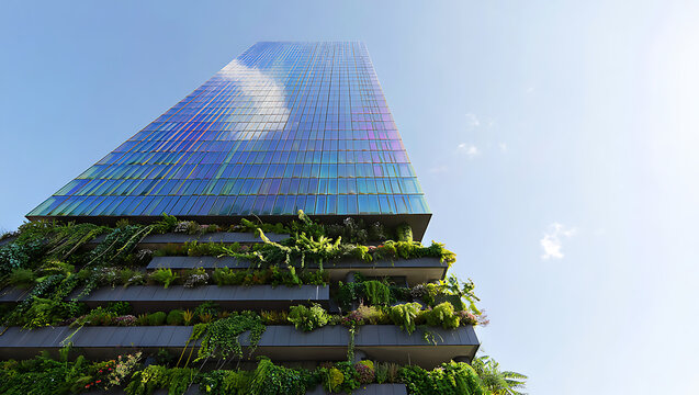 Modern skyscraper with vertical garden and unique glass facade reflecting the sky urban greening in the city architecture design concept