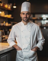 Restaurant pastry chef proudly posing in a modern kitchen setting