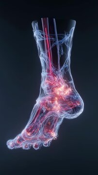 Slowmotion shot of foot twisting awkwardly causing lateral ligaments to overstretch and flare with redness.