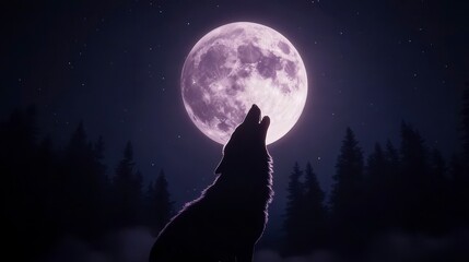 Majestic wolf howling beneath an enchanting full moon in a tranquil forest setting, capturing the essence of wilderness and nature's beauty