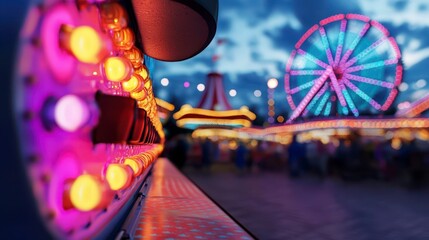 Vibrant carnival night scene with colorful lights illuminating the festive atmosphere and a giant ferris wheel in the background
