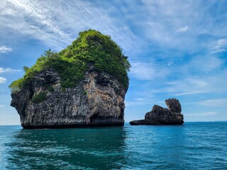 Obraz premium Rock formations in the midst of the green ocean.
