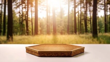 Hexagonal Cork Podium in Sunlit Forest Natural Product Display Scene

