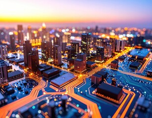 Fictional circuit board arranged as a cityscape