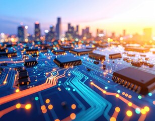 Fictional circuit board arranged as a cityscape