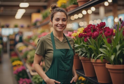 Retail garden center associate assisting customers with vibrant flowers